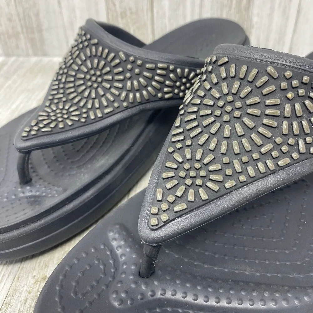 Crocs Sandals Womens 10  Flip Flops Wedge Dual Comfort Monterey Diamante Black - Picture 8 of 11